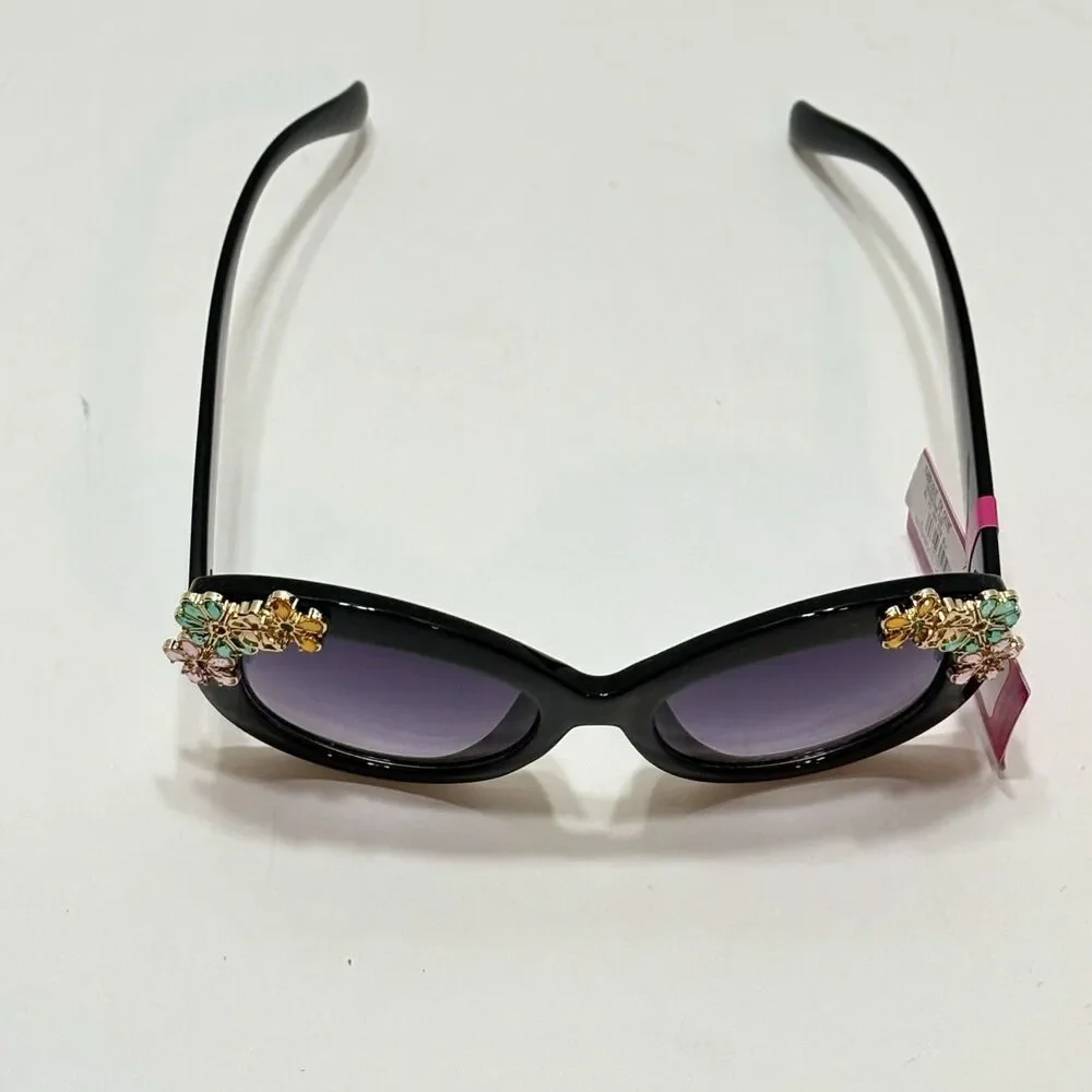 Betsey Johnson Black Floral Jewel Sunglasses Oversized Round UV 400 NWT Acetate
